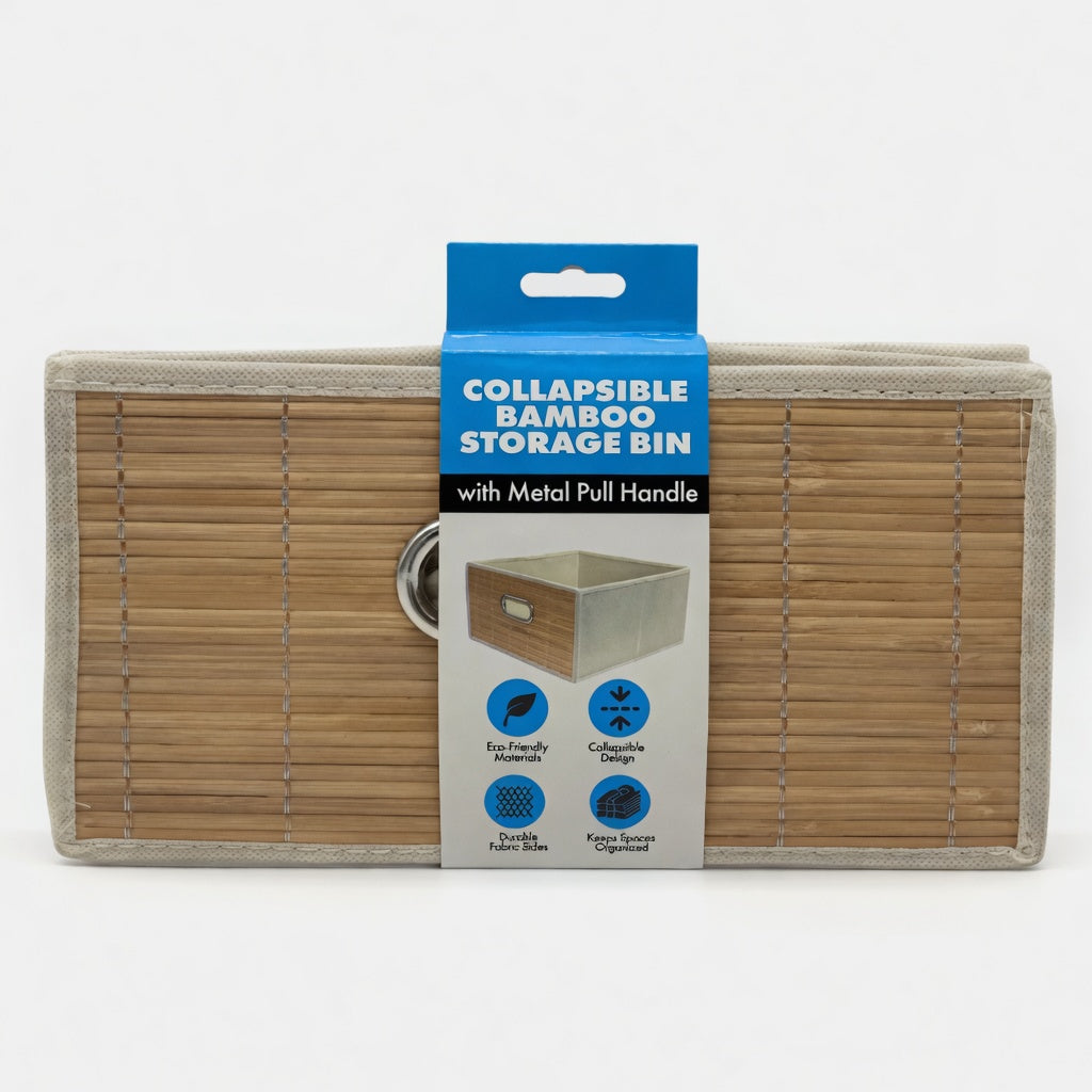 Foldable Storage Bin with Bamboo Front and Handles