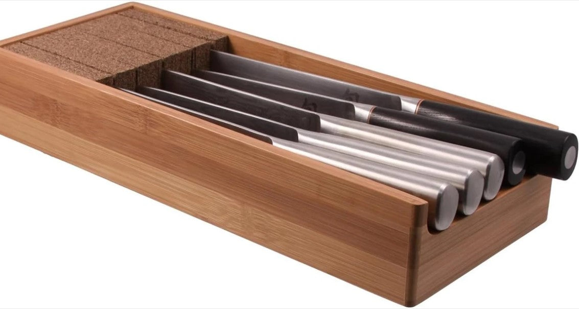 KNIFEdock Bamboo Knife Organizer 15” – In-Drawer Knife Block with Cork Insert
