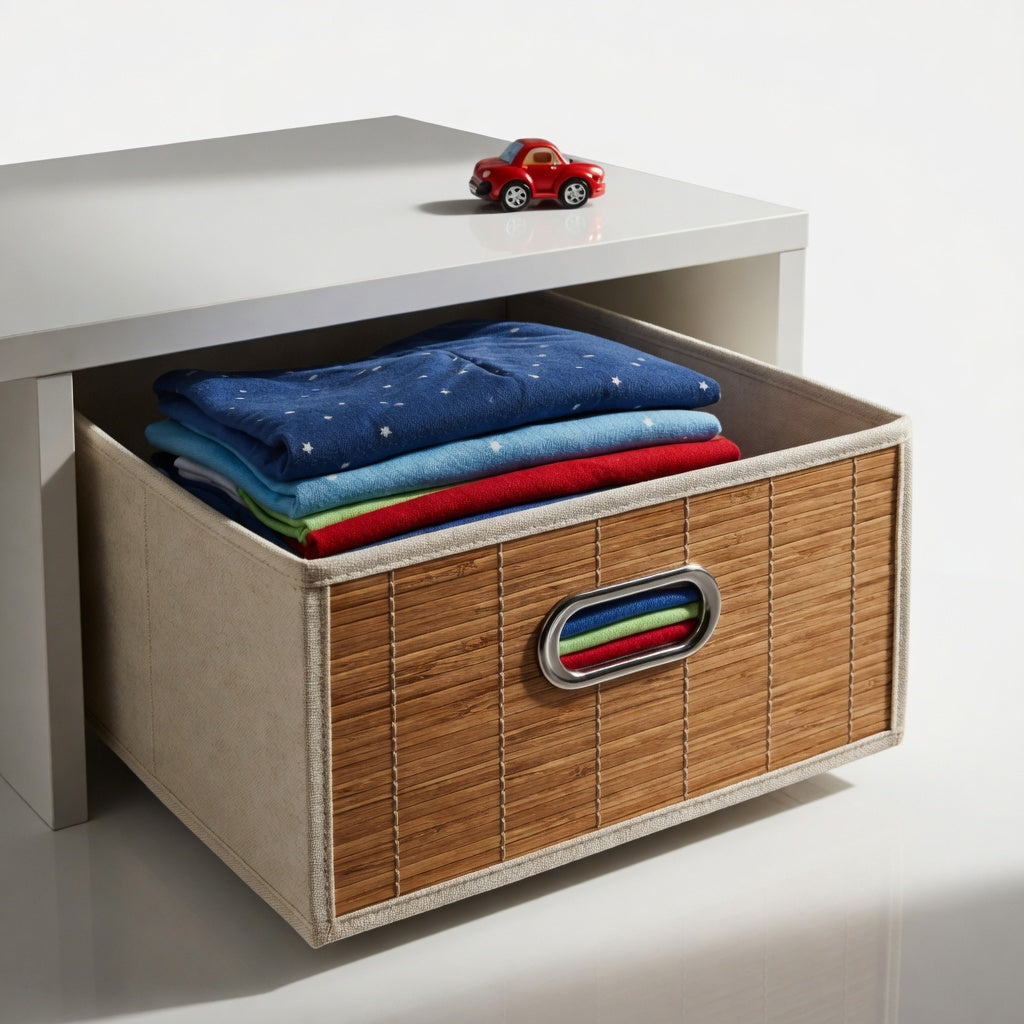 Foldable Storage Bin with Bamboo Front and Handles