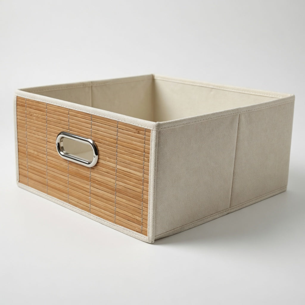 Foldable Storage Bin with Bamboo Front and Handles