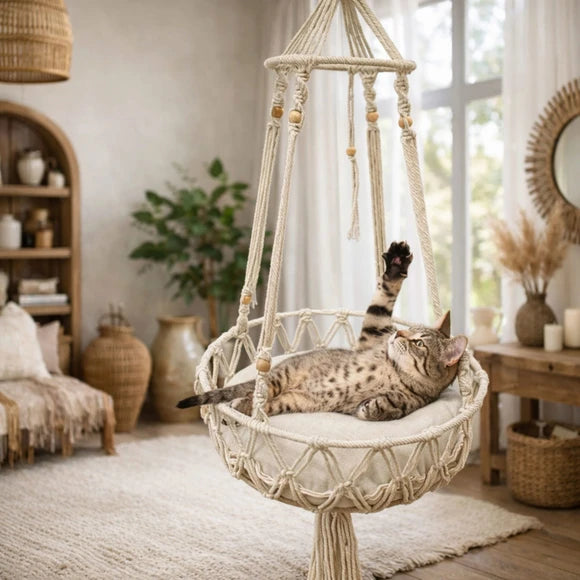 Macrame Hanging Cat Hammock - Indoor Cat Bed Swing